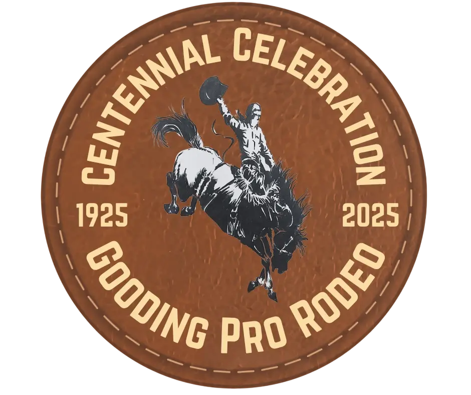 Digital illustration logo for the Gooding Pro Rodeo Centennial Celebration. It features a silhouette of a cowboy riding a bucking bronco.