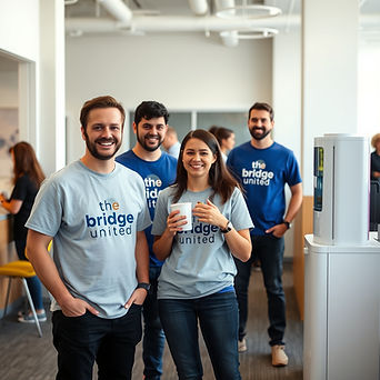 _the bridge United_ is the name of the a nonprofit organization logo colors are blue, gra