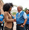 A young Professional black woman with textured curly long hair shaking the hands Of an old