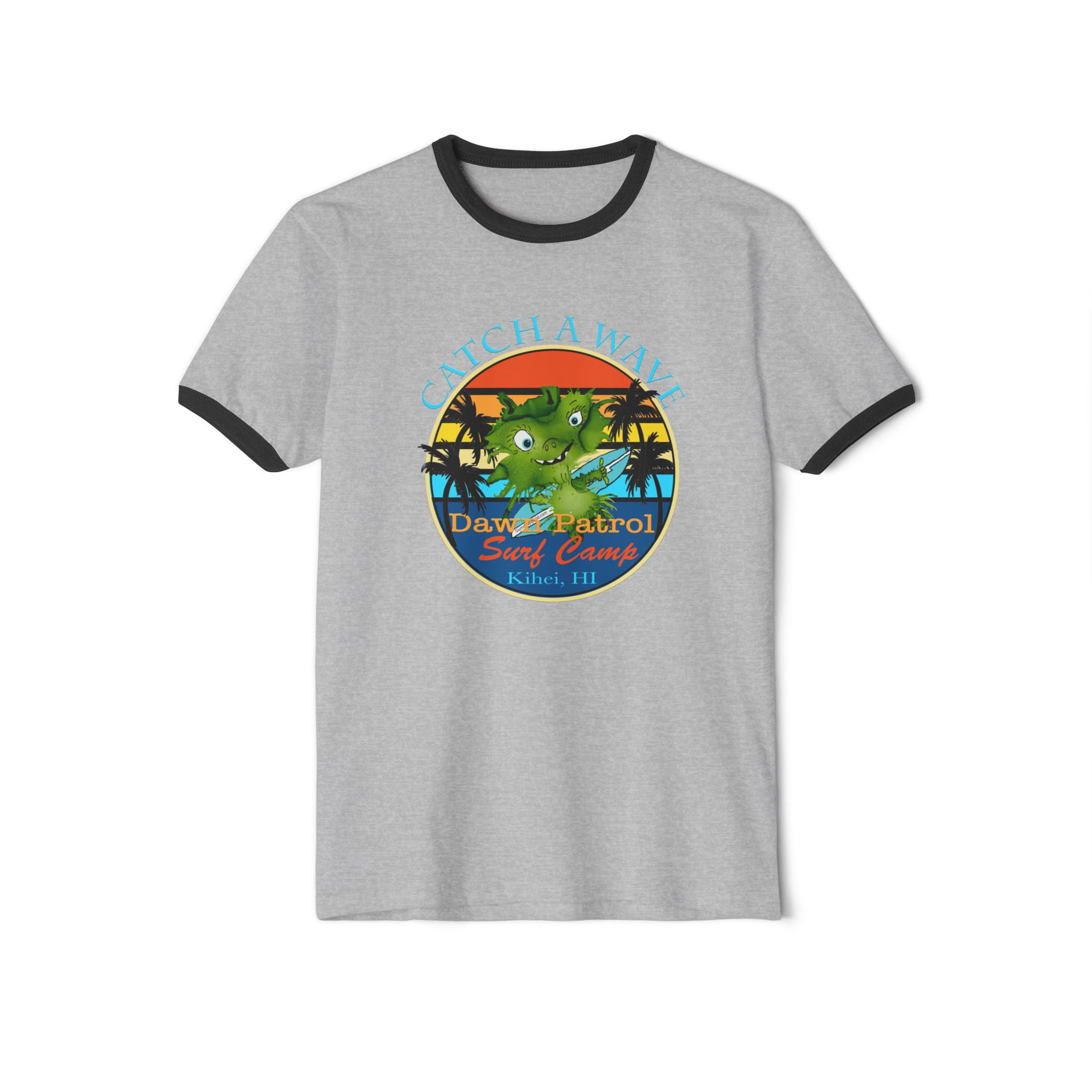 Catch a wave. Dawn patrol surf camp t-shirt.  Unisex Cotton Ringer T-Shirt