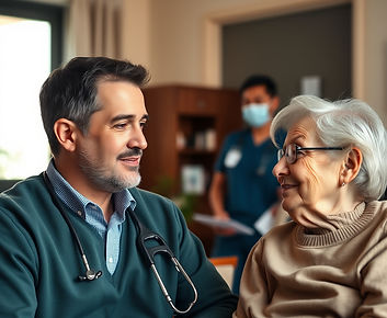 A supportive telepsychiatry session with an elderly nursing home resident, young male clin