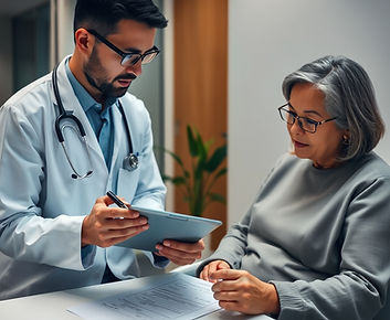 A psychiatrist reviewing a treatment plan with a patient, subtle focus on a prescription p