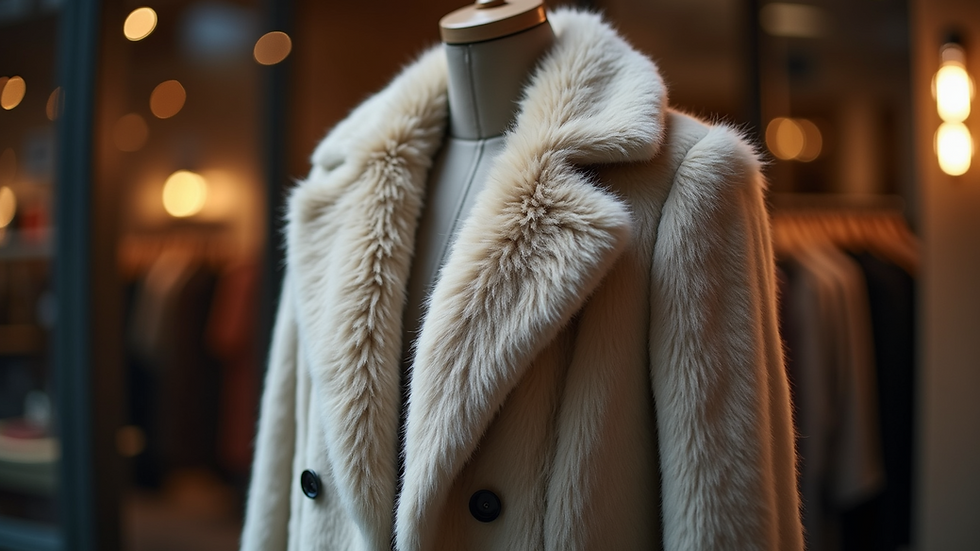 High angle view of a luxury faux fur coat displayed on a mannequin
