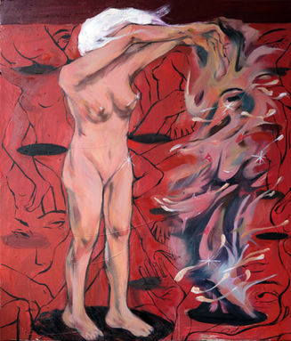 This painting poetically captures the essence of the “Painted Skin” legend from “Strange Tales from a Chinese Studio” (聊斋志异). The term “veil” suggests a covering that hides the true nature underneath, while “illusions” emphasizes the deceptive beauty masking the underlying horror. It alludes to the human skin used by the demon to disguise itself as a beautiful woman, metaphorically reflecting the concealment of sinister reality behind a captivating exterior.

In today’s context, the use of this allegory reflects my view on the modern pursuit of beauty and the impact of social media. The obsession with appearance and the digital personas we create are like a “veil of illusions.” These virtual facades mask our true selves, much like the painted skin in the legend. This raises questions about who provides these veils, who sets these standards, and the authenticity behind our online personas. Social media often sets unrealistic beauty standards.
