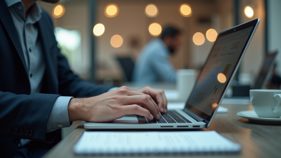 Eye-level view of a person using a laptop to manage e-commerce operations