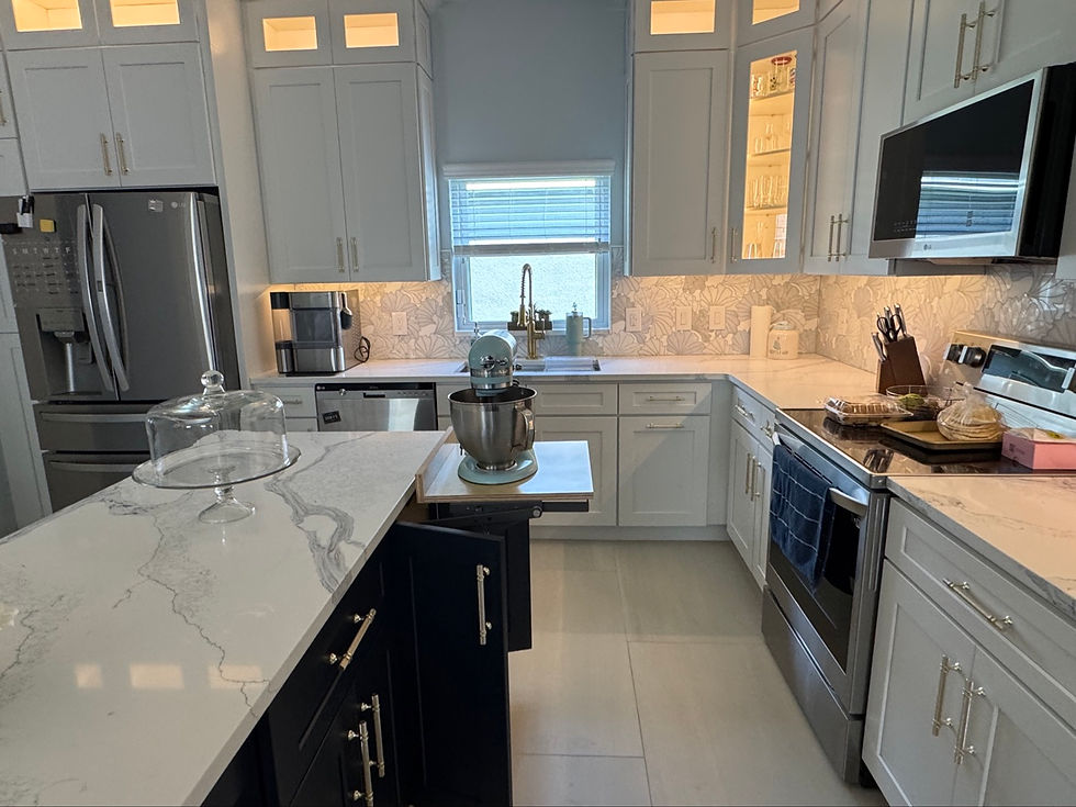 Wide view of a two-tone kitchen with pale blue cabinets and navy island — Kitchen Blueprint project