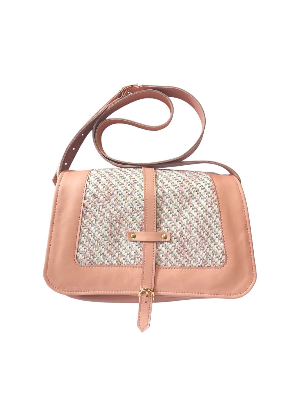 Miniature : sac à main besace porté bandoulière en cuir rose et empiècement en tissu brodé