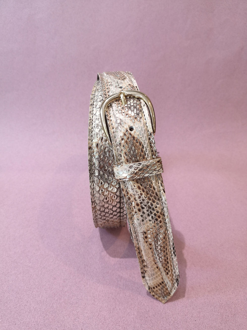 Miniature : ceinture en cuir de python véritable  blan or et marron
