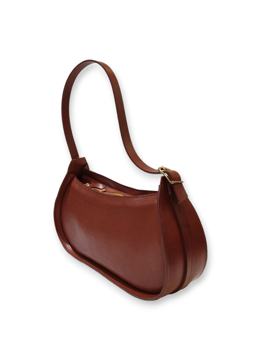Miniature : sac à main demi-lune en cuir marron noisette avec fermeture à glissière et porté épaule