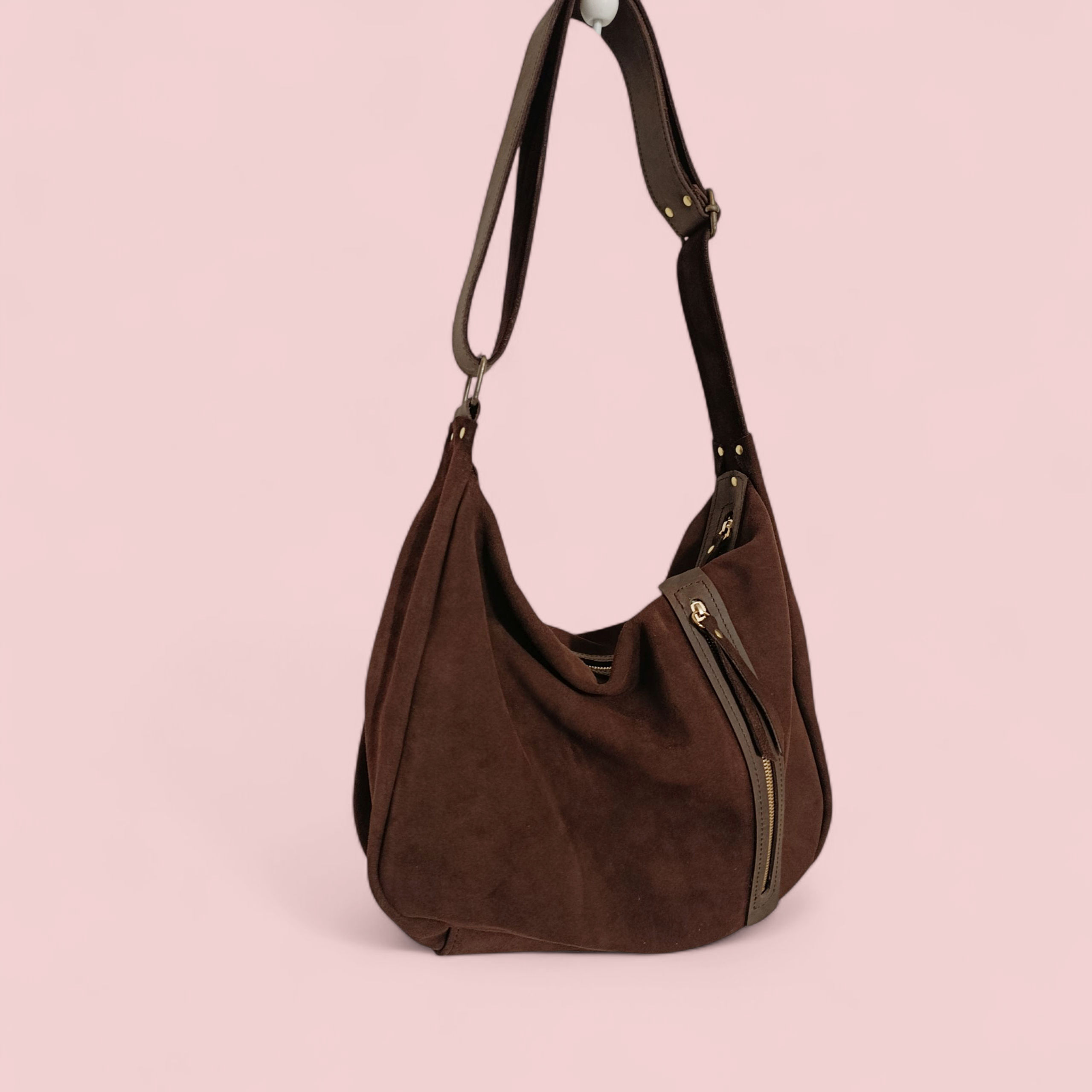 maxi besace en cuir velours chocolat