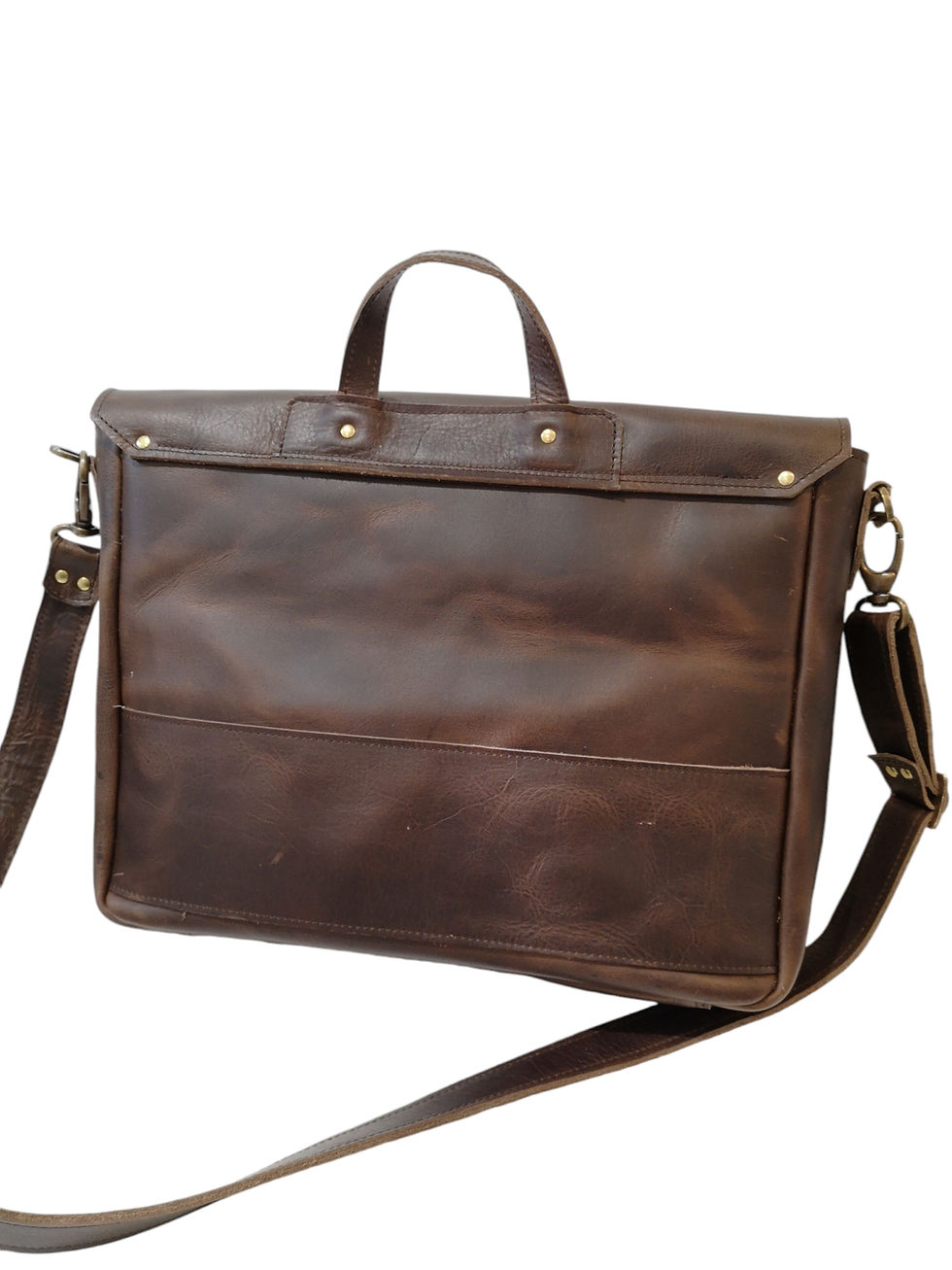 Miniature : dos du sac cartable en cuir chocolat vieillit avec poignée et bandoulière réglable