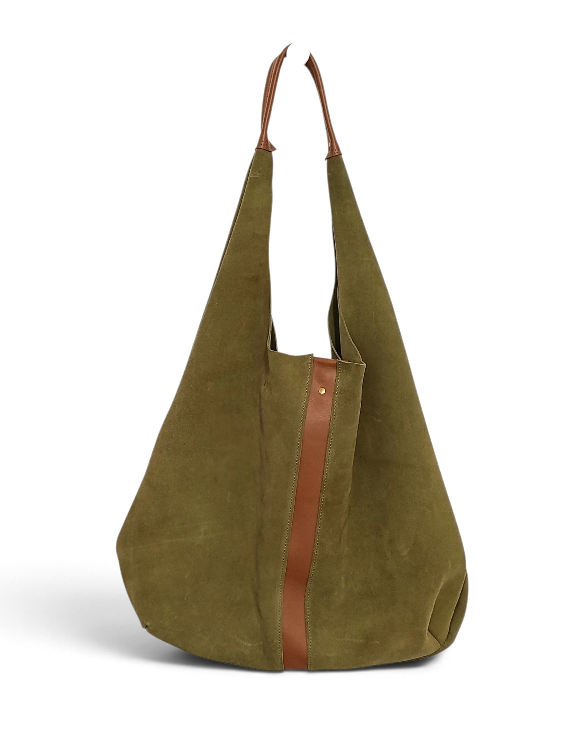 sac cabas, hobo en cuir dain vert anis, kaki. fait main en france