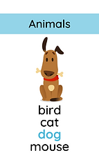 Animals - bird, cat, dog, mouse. Game Card