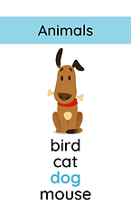 Animals - bird, cat, dog, mouse. Game Card