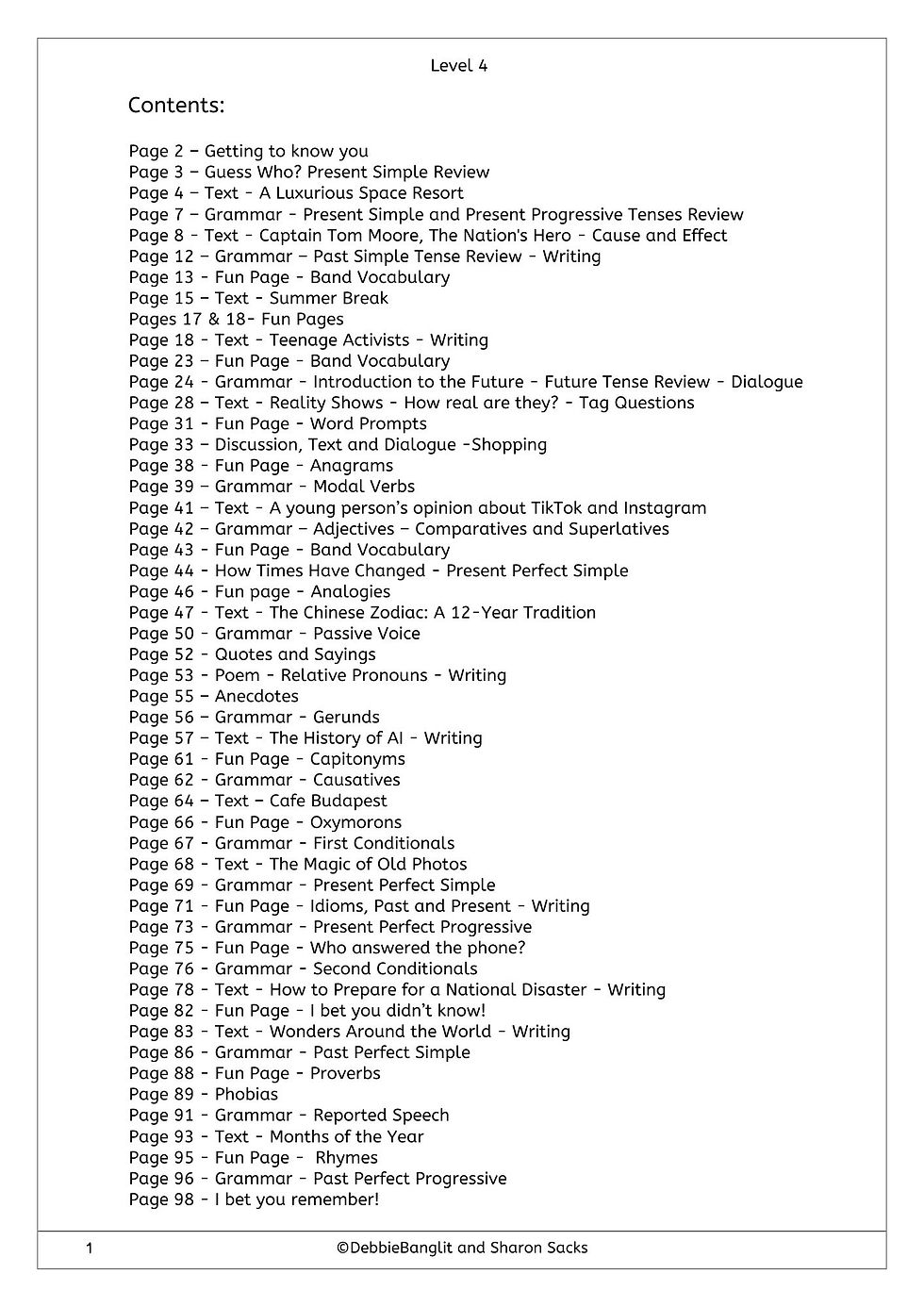 The contents of Level 4 workbook