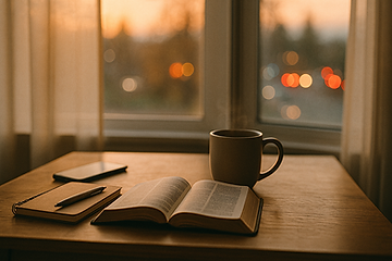 Morning Bible study scene on wooden desk by window