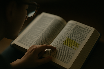 A person reading Bible slowly, finger following the line