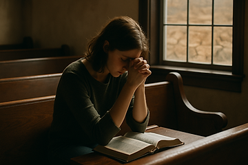woman sitting alone in a church pew or near a window, Bible open but face downcast