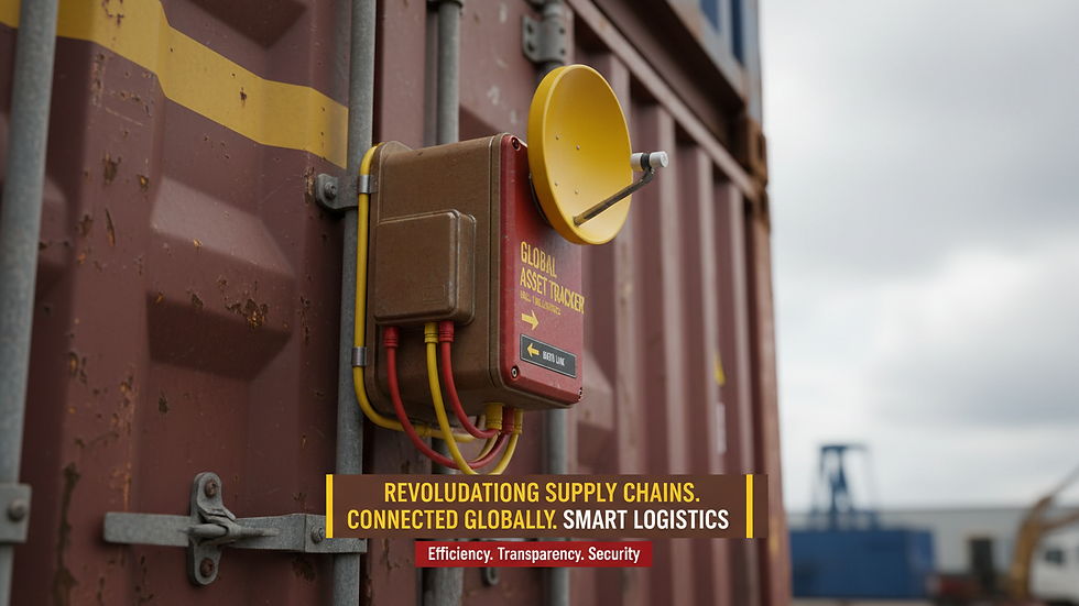 Close-up view of satellite IoT device mounted on shipping container