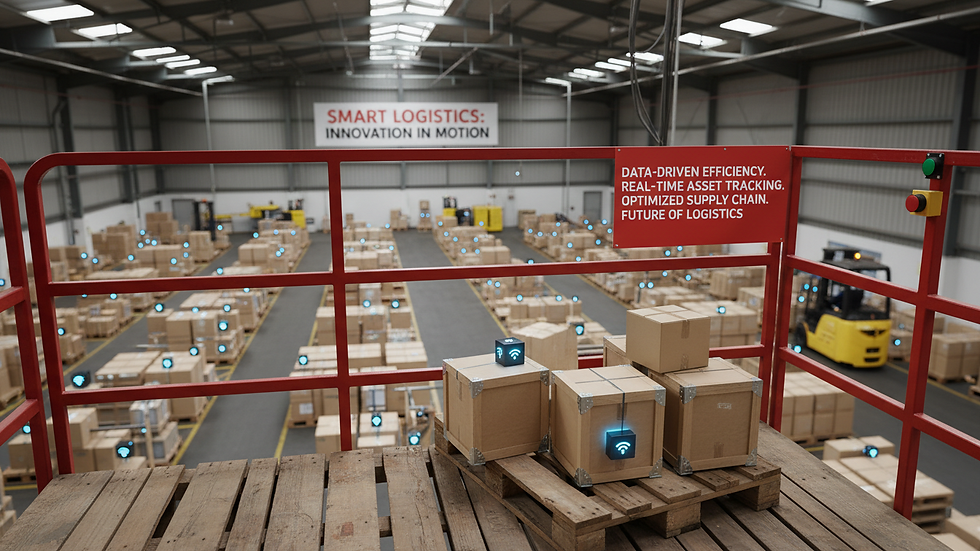 High angle view of logistics warehouse with IoT tracking devices on pallets