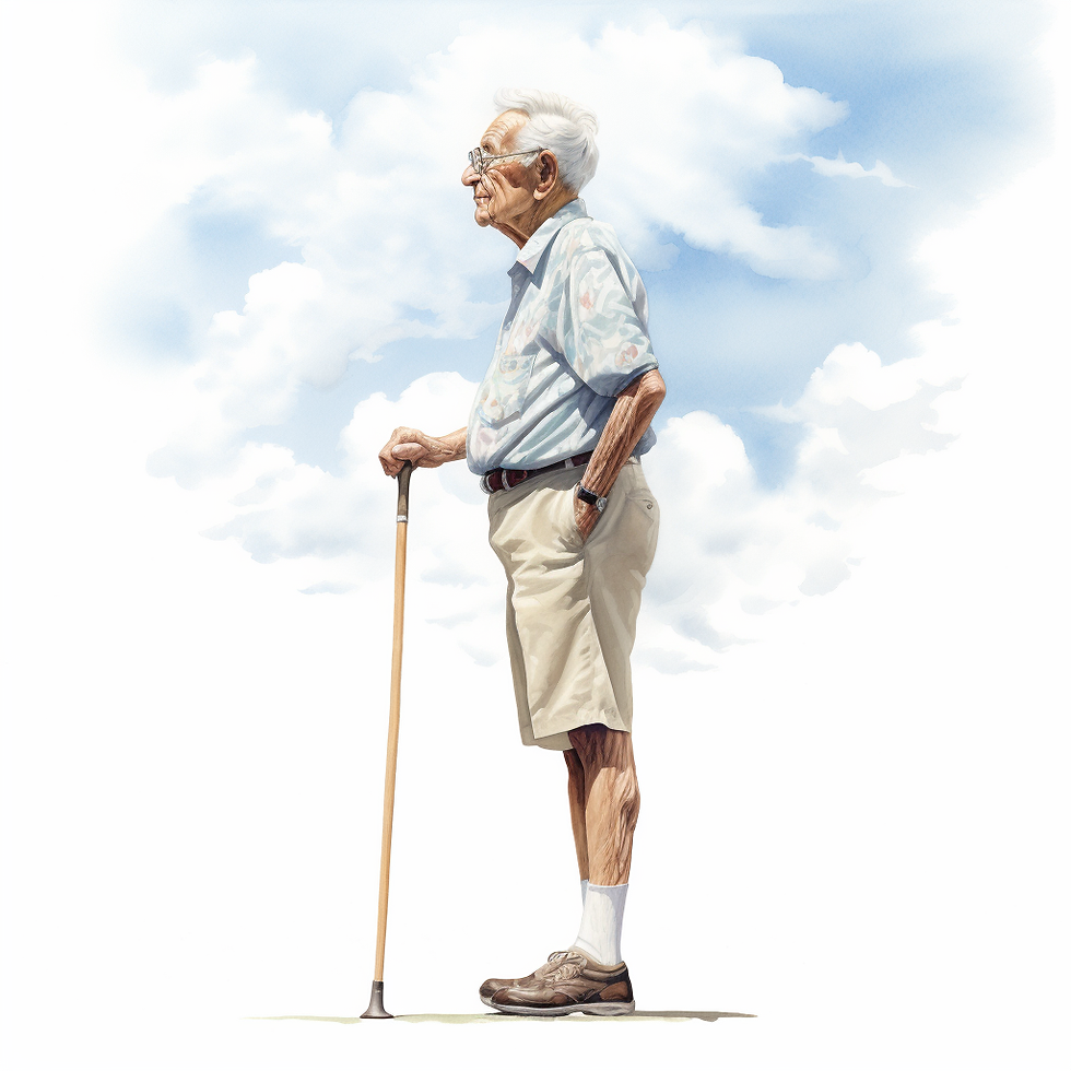 Older man standing holding single point cane in hand standing with confidence.