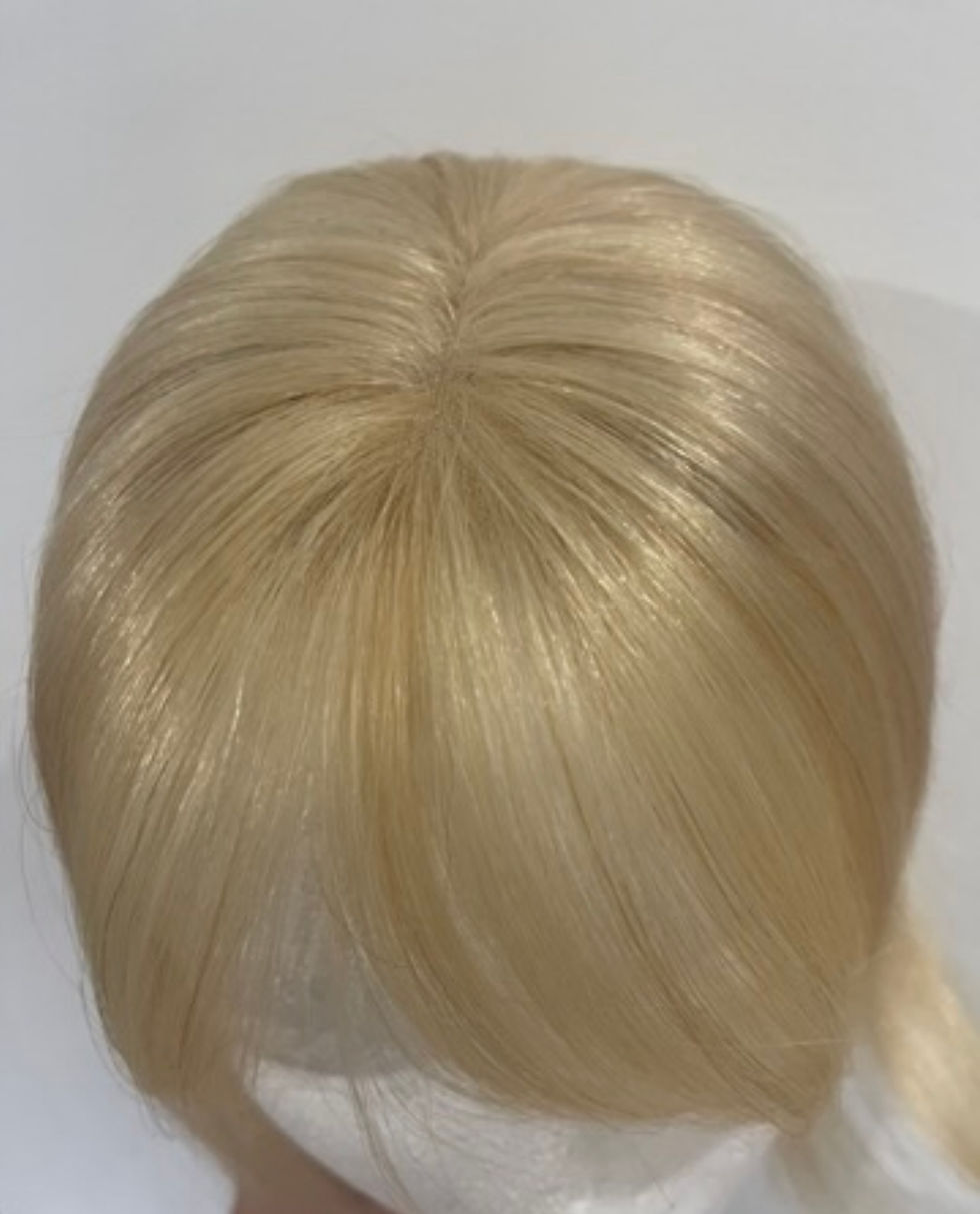 Thumbnail: 100% Human Remy Hair Topper with bangs Rooted Golden Blonde Highlights
