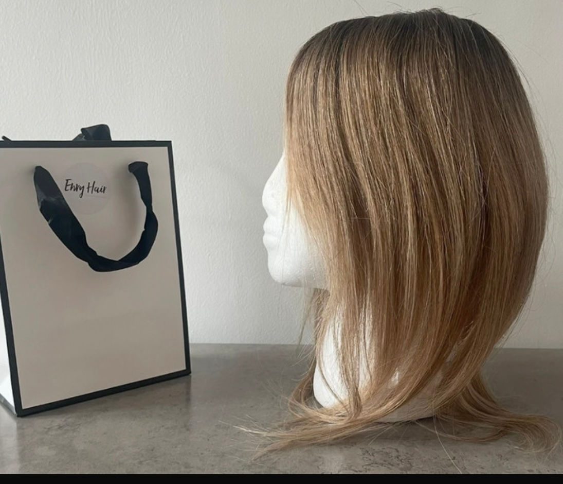 Remy Human Hair Topper: Dark Brown Blonde Balayage, 14 inch with side Bangs.