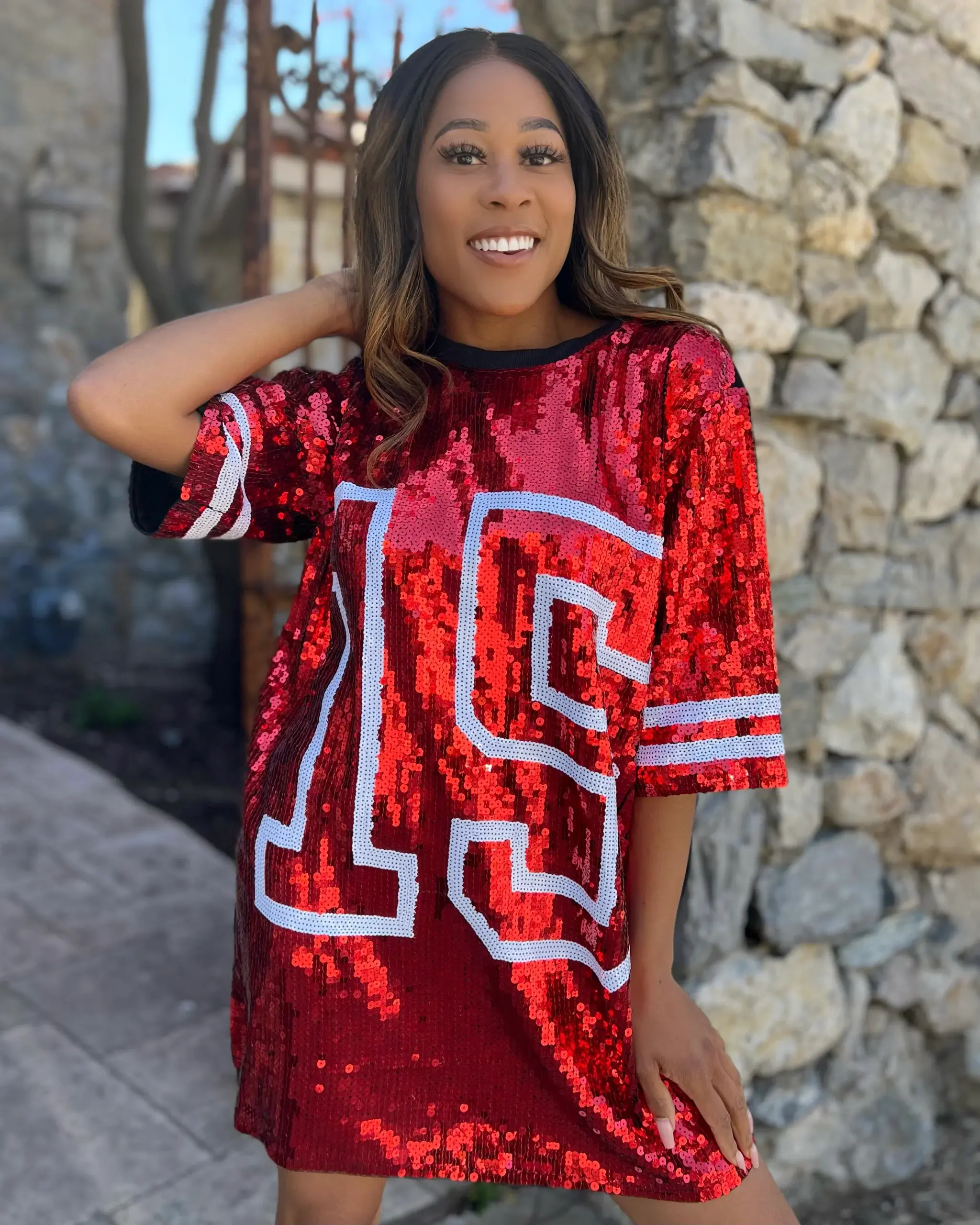 Red sequin jersey tunic dress top 
