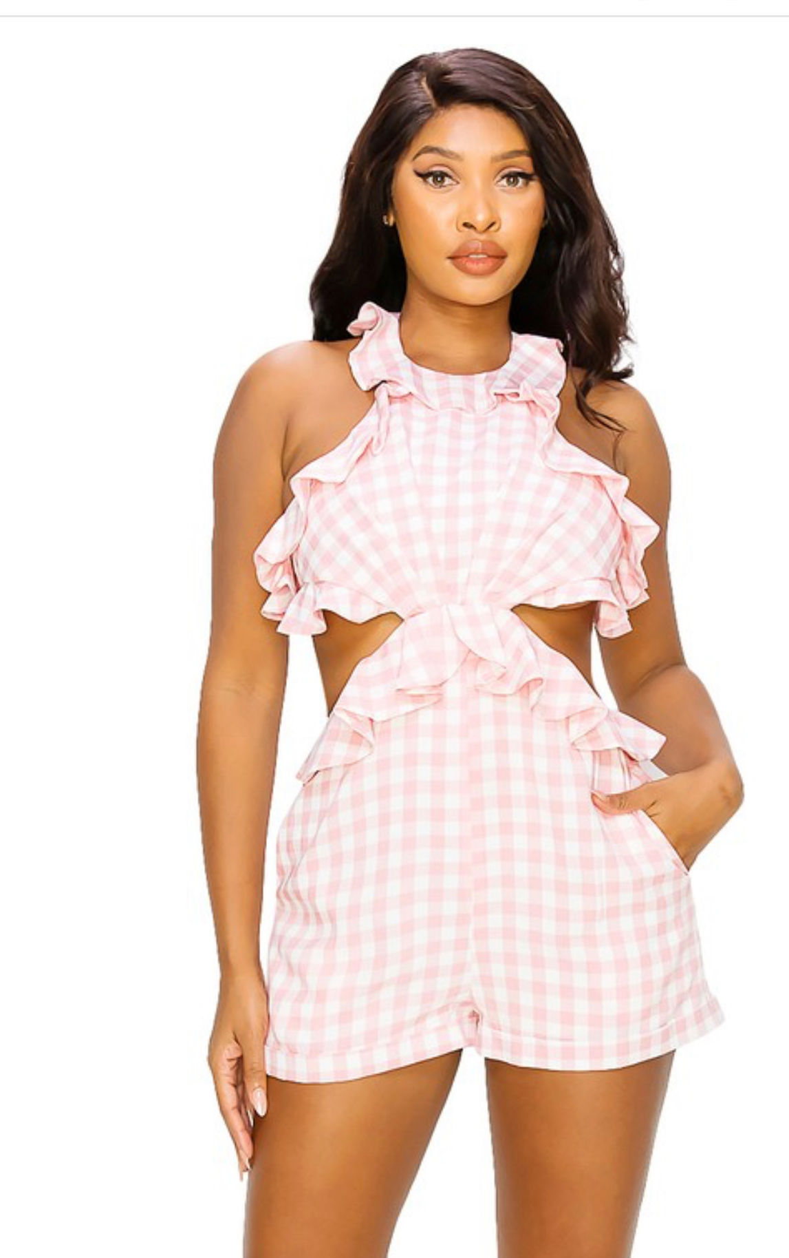Pink Gingham Romper with Cutouts
