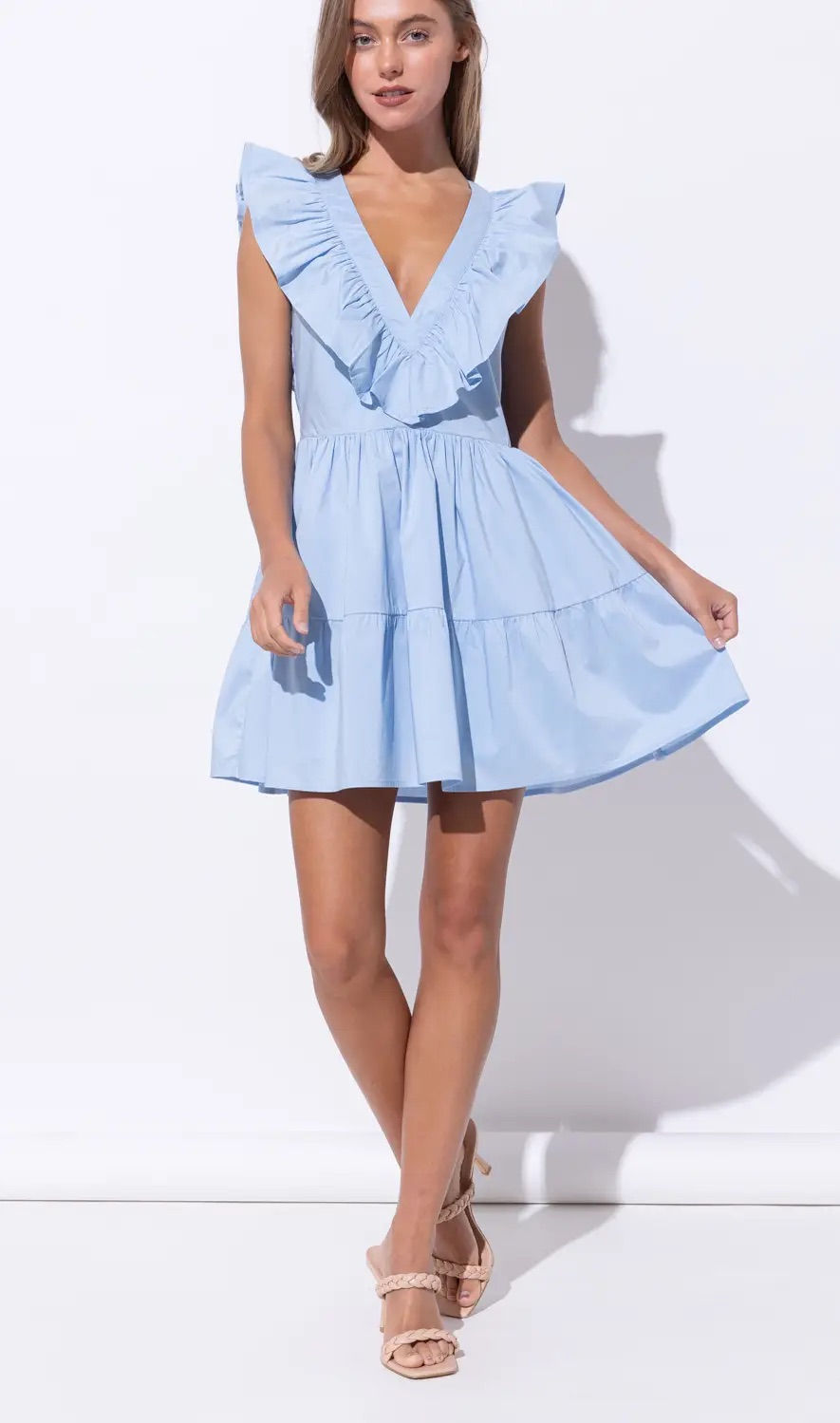 Thumbnail: Blue babydoll dress with ruffed v neck 