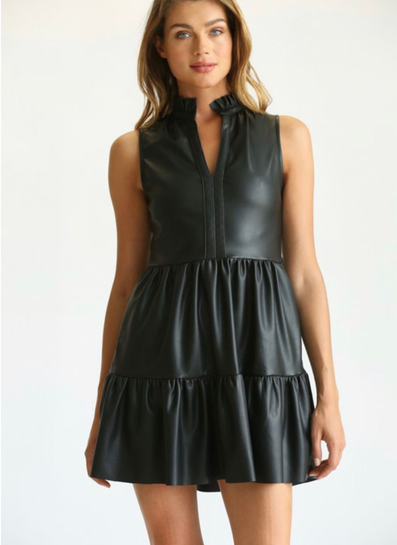 Thumbnail: Split neck faux leather Baby Doll Dress 