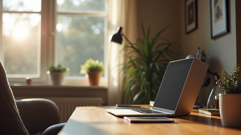 Close-up view of a cozy home office setup with a comfortable chair and a laptop