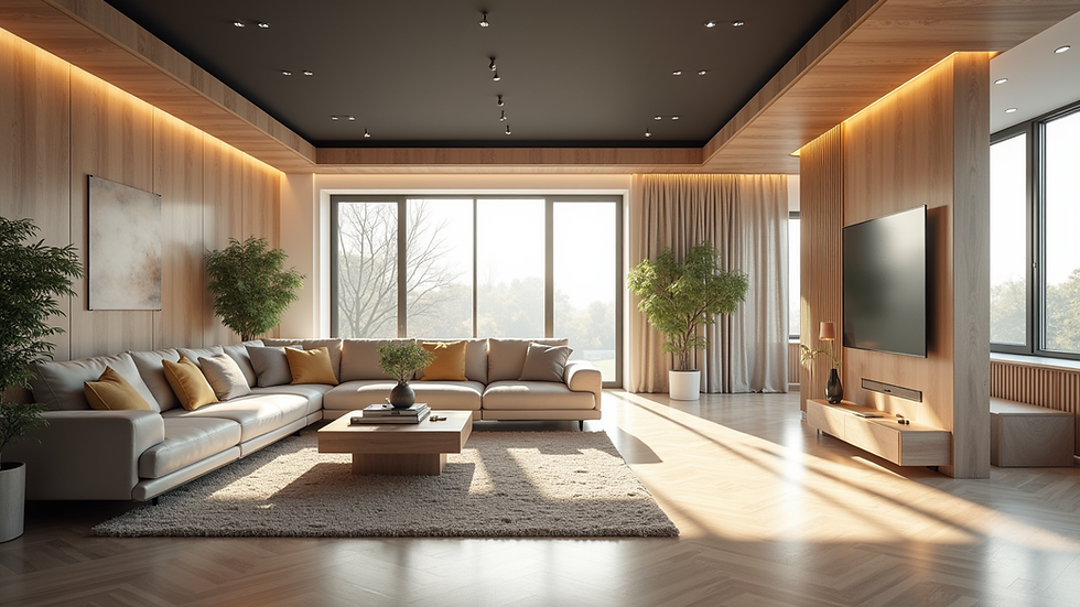 Vue panoramique d’un salon moderne en visite virtuelle 3D