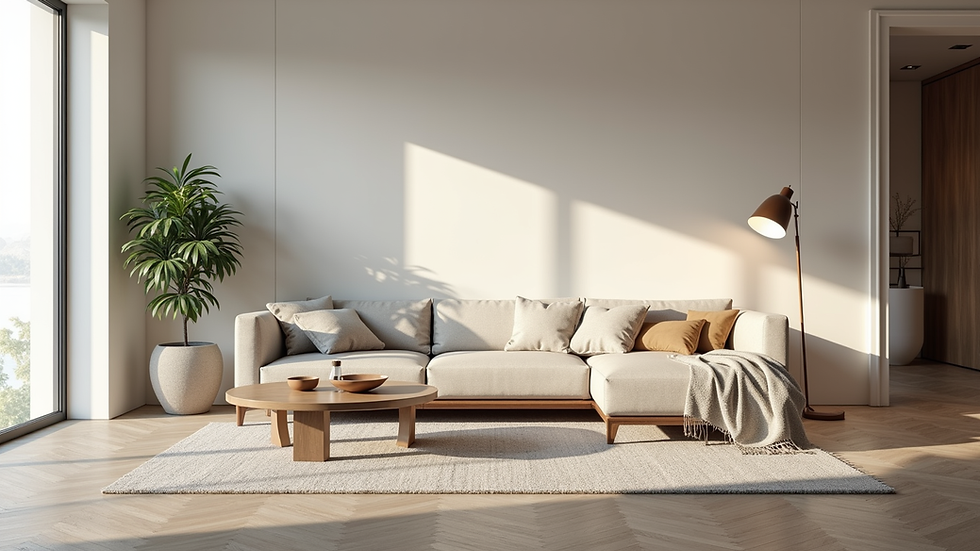 Vue en plongée d’un salon virtuellement aménagé avec mobilier moderne