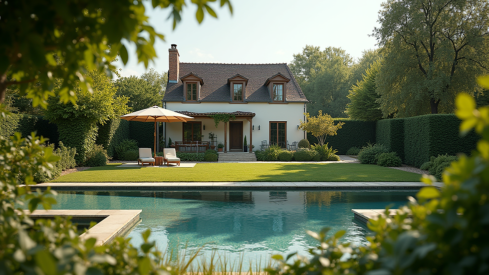 Vue en contre-plongée d’une maison toulousaine avec jardin