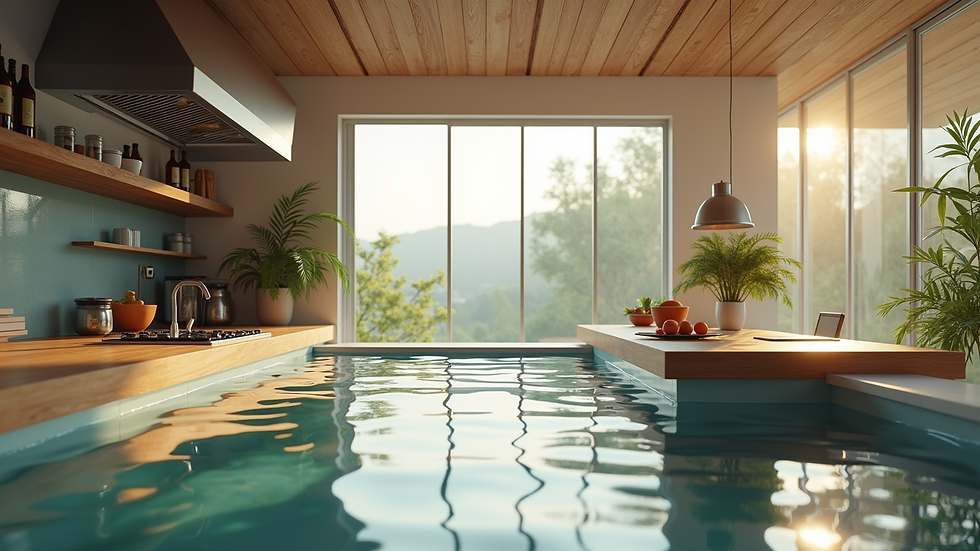 Vue en plongée d’une cuisine moderne en visite virtuelle 3D