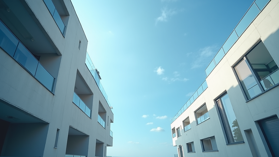 Vue en plongée d’un bâtiment moderne à Toulouse avec un ciel bleu