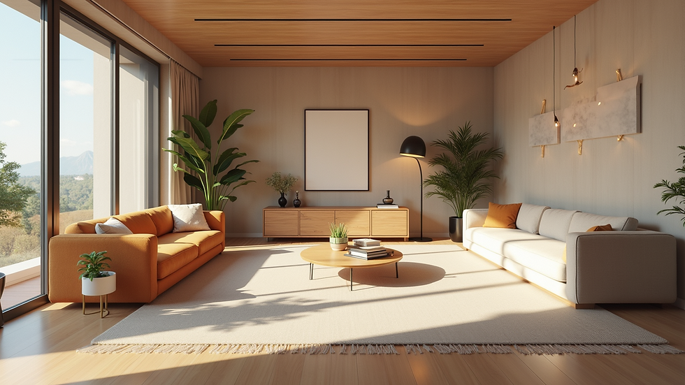 Vue panoramique d’un salon moderne en visite virtuelle 3D