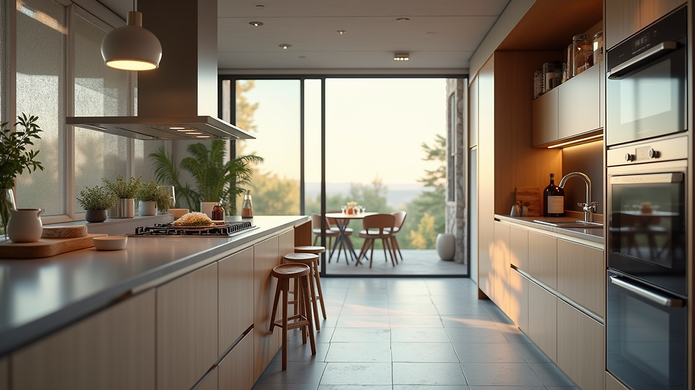 Vue en plongée d’une cuisine moderne en visite virtuelle 3D