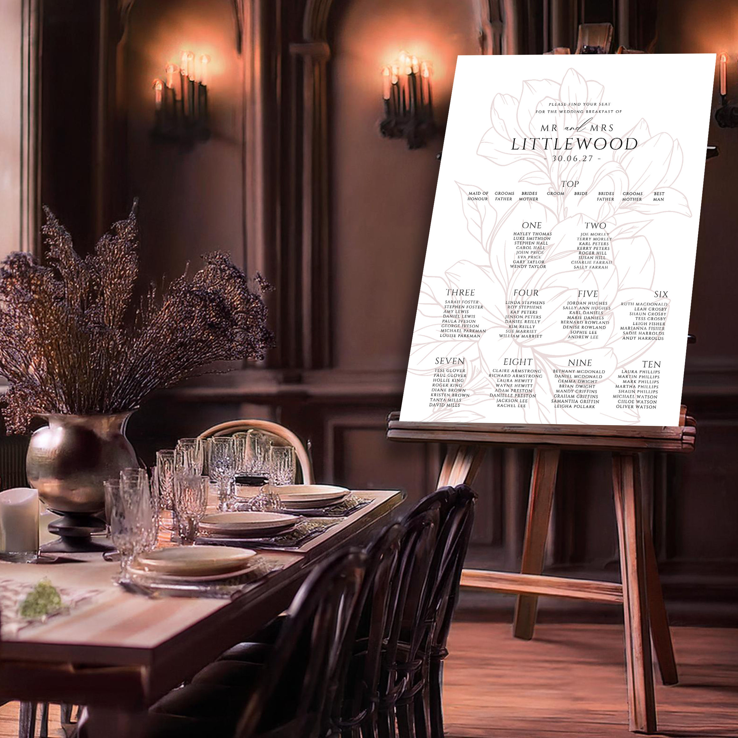 Personalised floral wedding table plan sign with blush line art flowers and elegant typography
