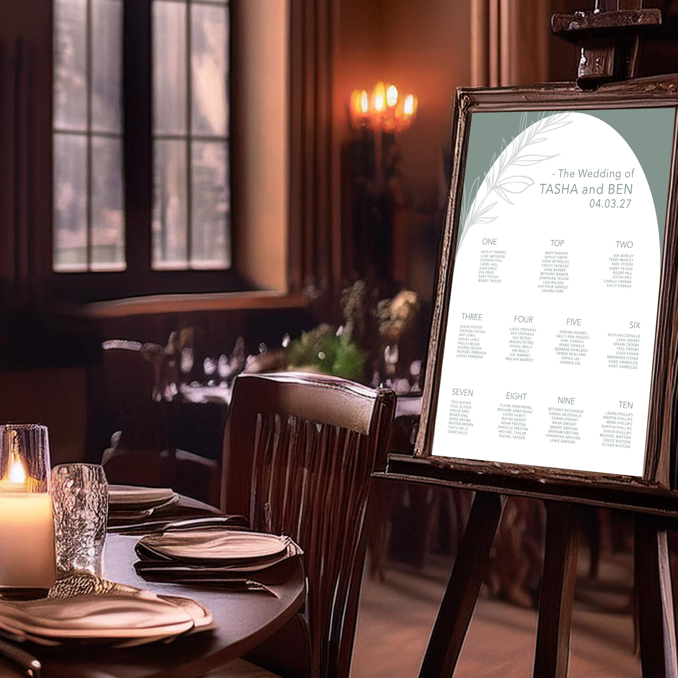 Modern arched wedding table plan sign with botanical detailing and soft neutral tones