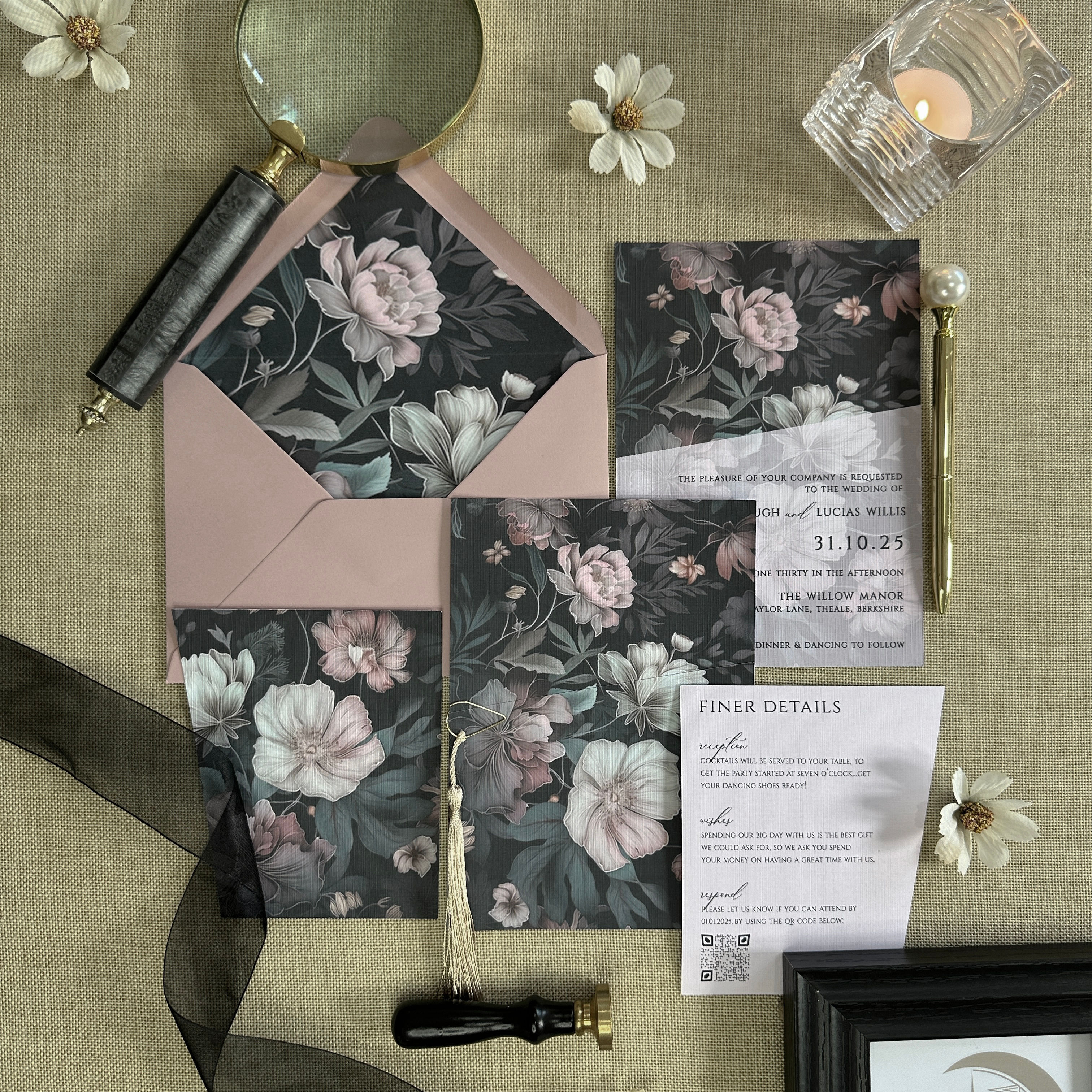 Dark floral wedding invitation suite with blush envelope and moody botanical artwork