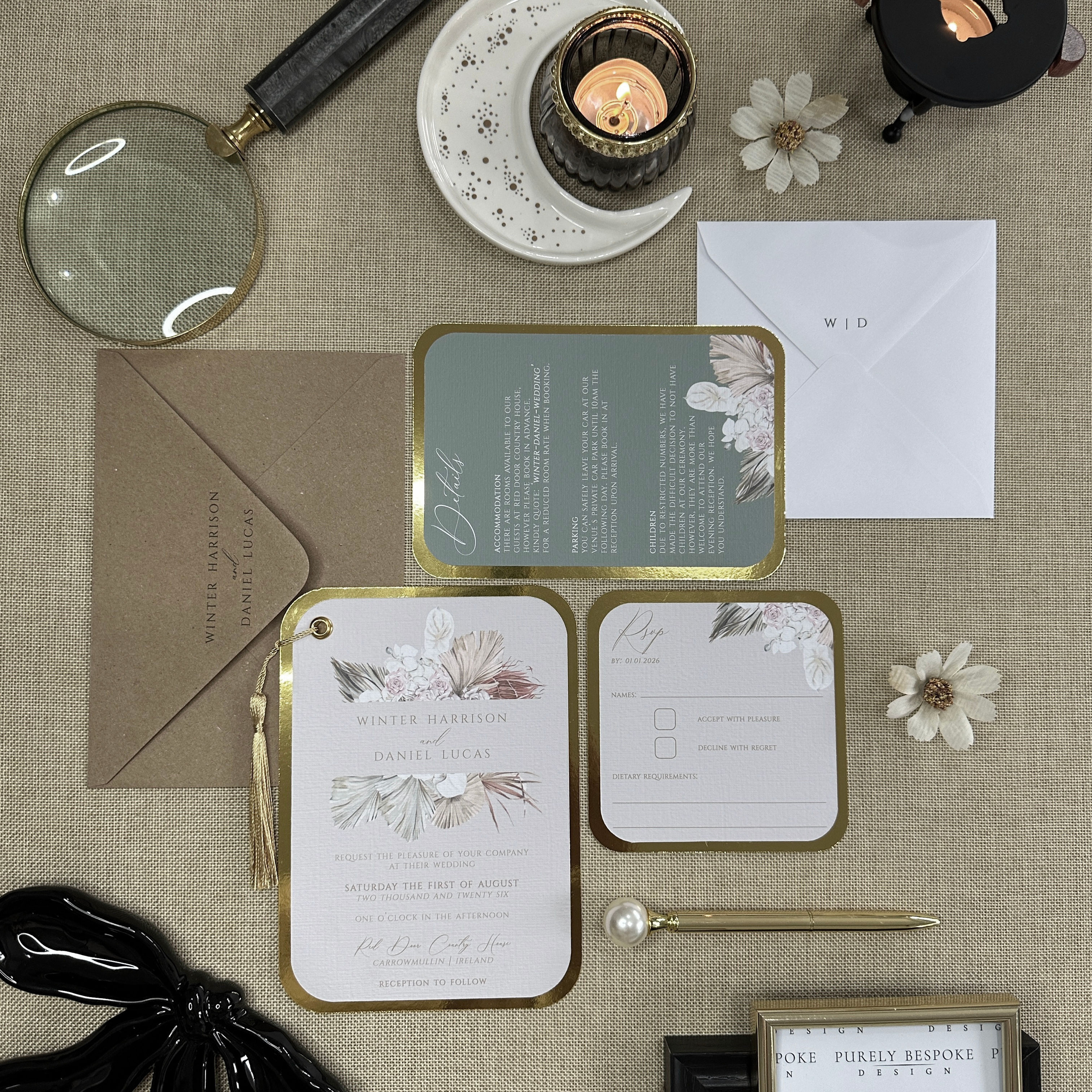 Sage green wedding invitation suite with textured card and gold backing