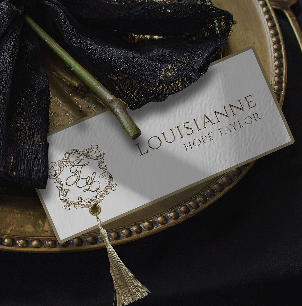 Luxury wedding name card with foil detailing, pearl backing and tassel