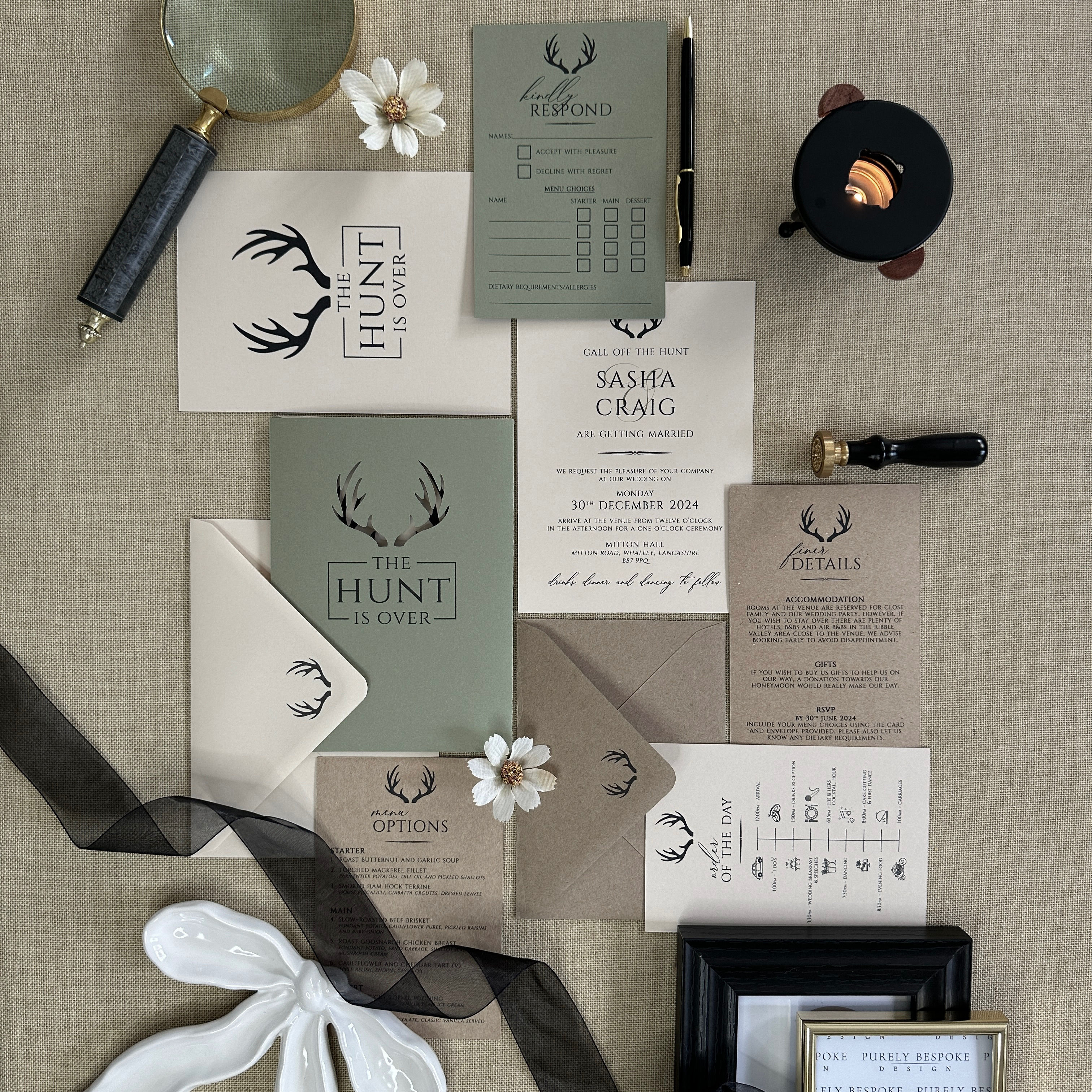 Rustic stag wedding invitation with antler motif and modern typography
