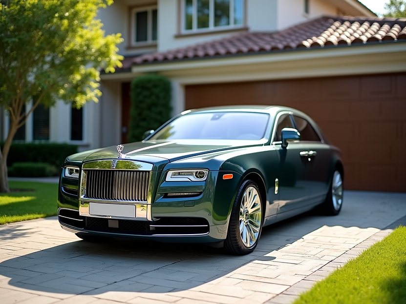 A luxury car parked on a suburban driveway, gleaming after a professional detailing servic