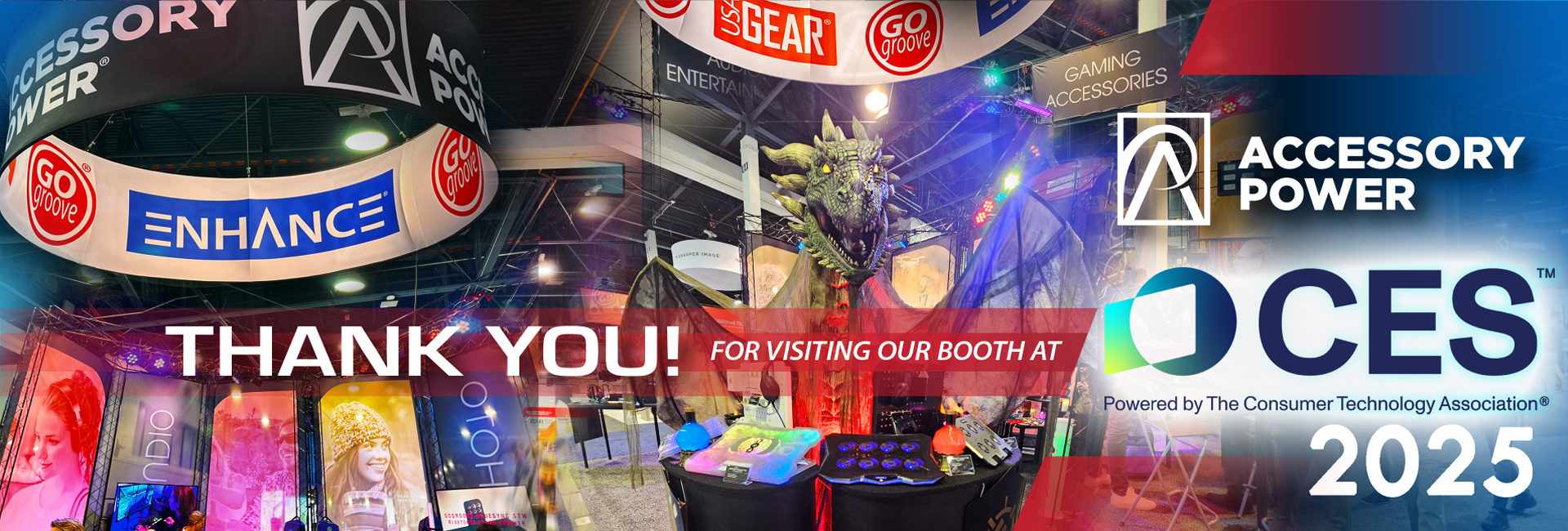Gaming backpacks on a shelf in a tradeshow booth with a logo advertising a trade show on the right side of the banner.