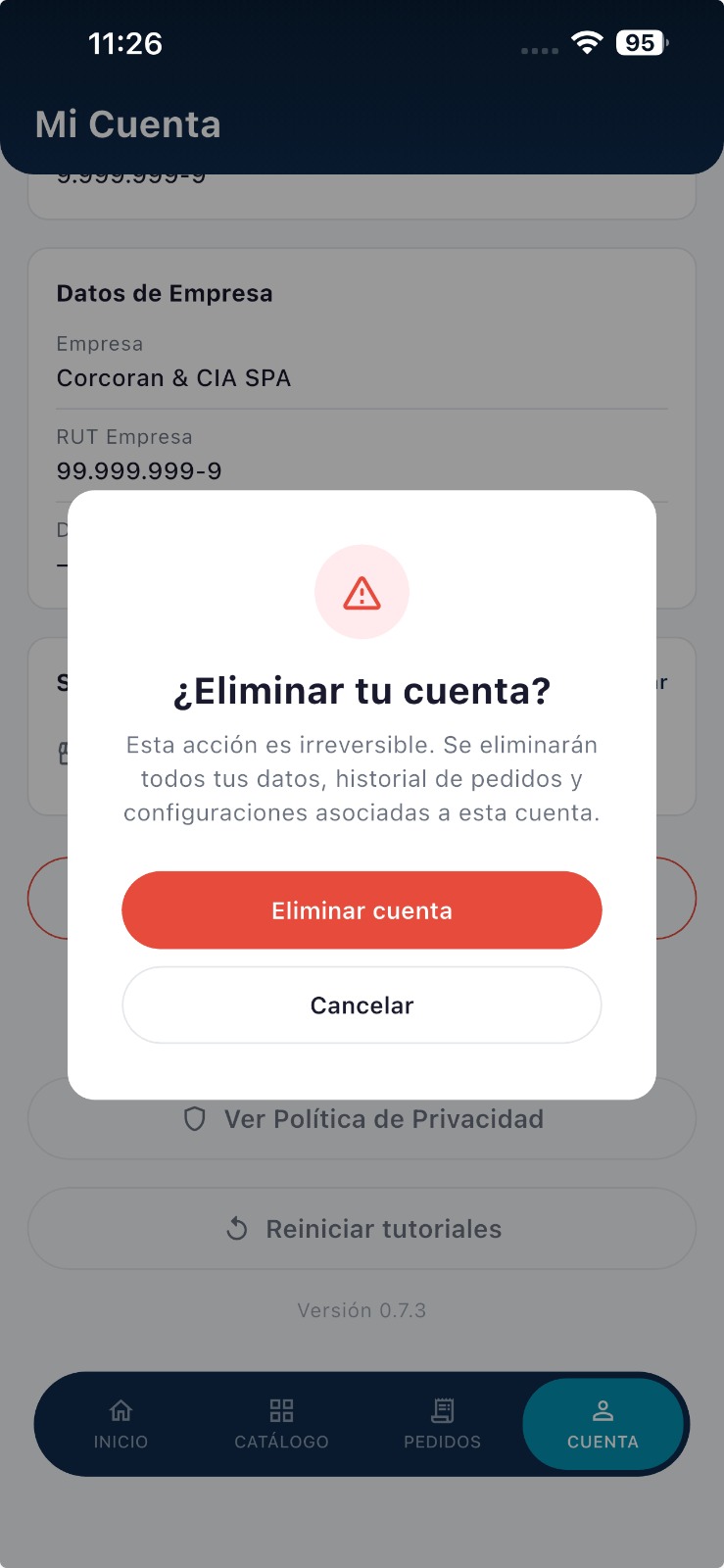 Paso 4: primer aviso al solicitar eliminar la cuenta