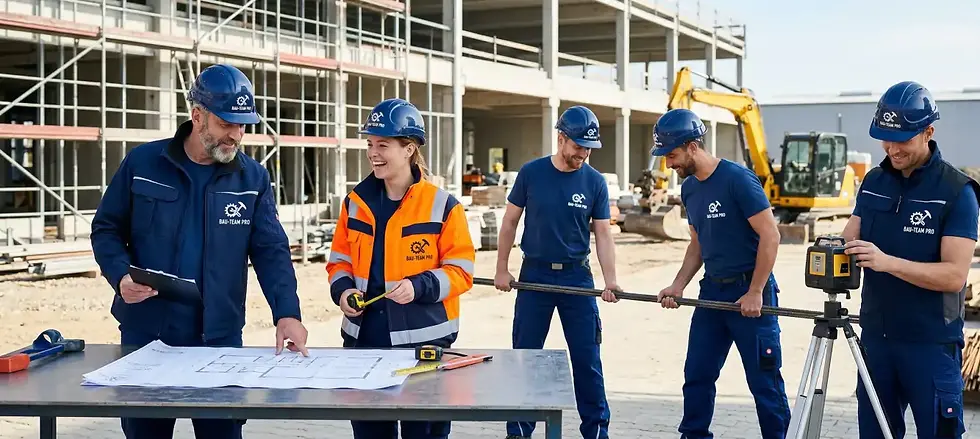Ein Team von Bauarbeitern in einheitlich veredelter Arbeitskleidung mit Logo-Druck und blauen Schutzhelmen auf einer Baustelle.