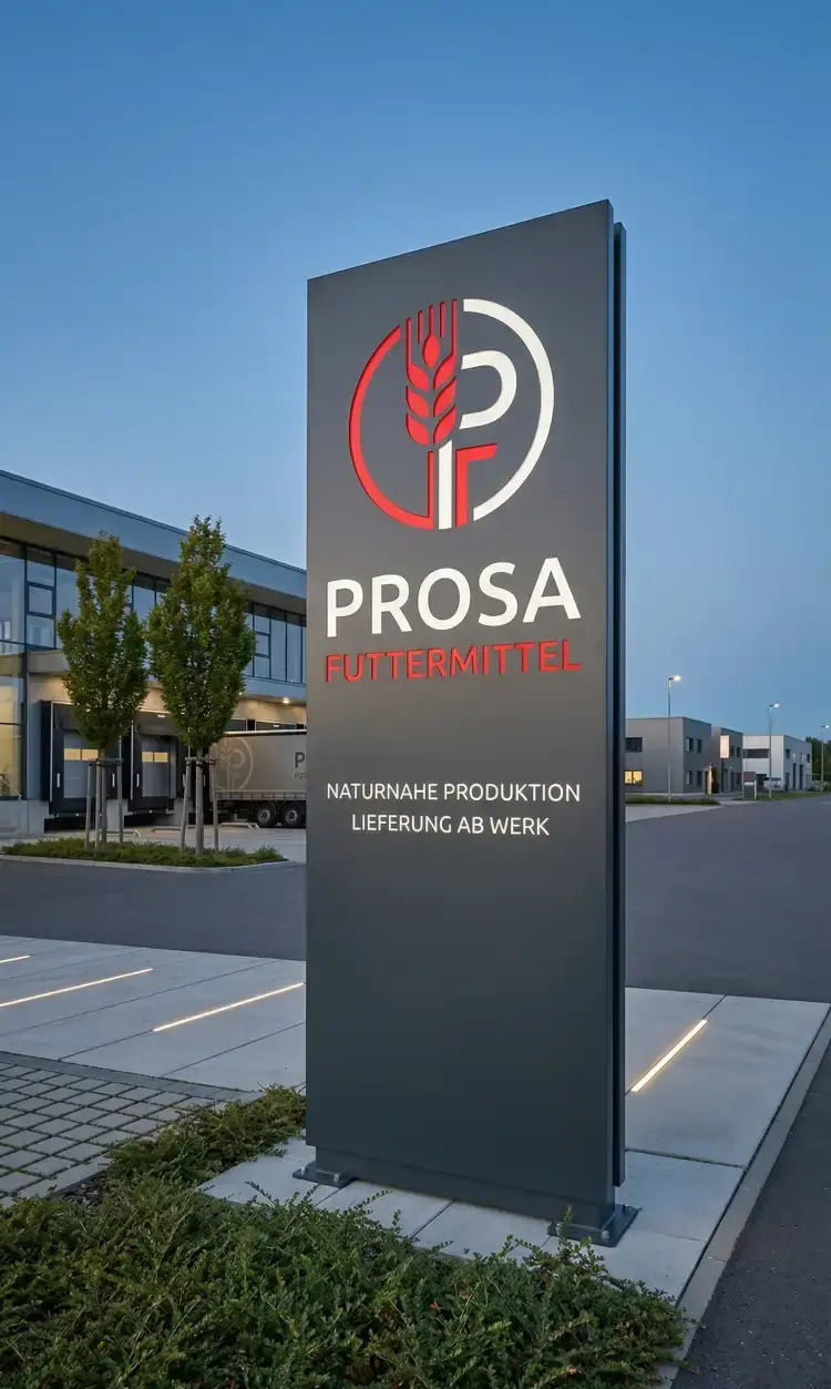 Freistehender, beleuchteter Werbepylon in Anthrazit mit Firmenlogo von Prosa Futtermittel vor einem Industriegebäude.
